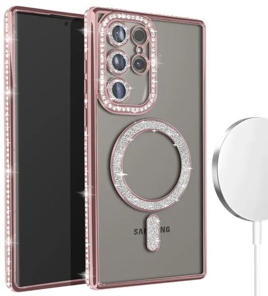 Coque de téléphone rose avec bordure scintillante, avec chargeur blanc à côté.