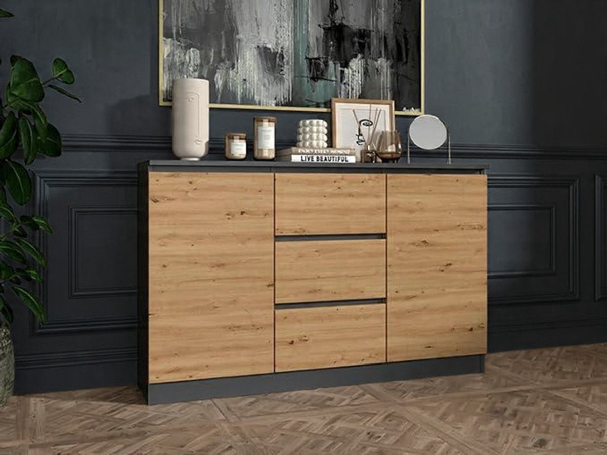 Dressoir met 3 Laden en 2 Deuren 120 cm – Novihome – Moderne Commodekast / Opbergkast / Ladekast – Antraciet Artisan – Woonkamerkast, Slaapkamerkast en Hal Kast – 120 x 75 x 40 cm-NoviHome