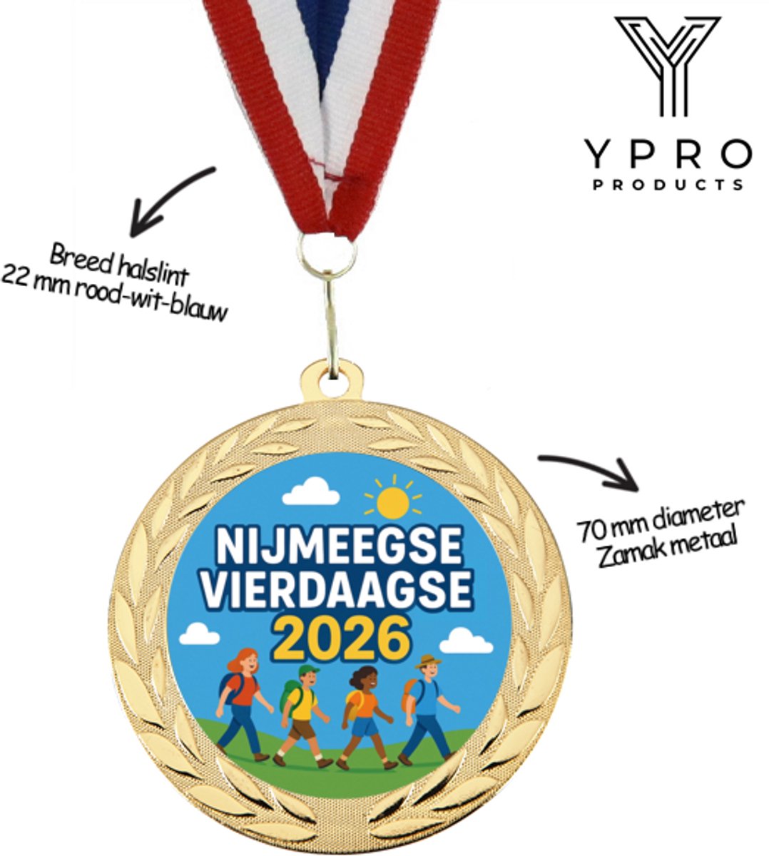 Gouden Medaille Nijmeegse Vierdaagse 2026 – 70 mm – metaal - goud – rood-wit-blauw halslint – 4 daagse Nijmegen