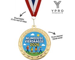 Gouden Medaille Nijmeegse Vierdaagse 2026 – 70 mm – metaal - goud – rood-wit-blauw halslint – 4 daagse Nijmegen