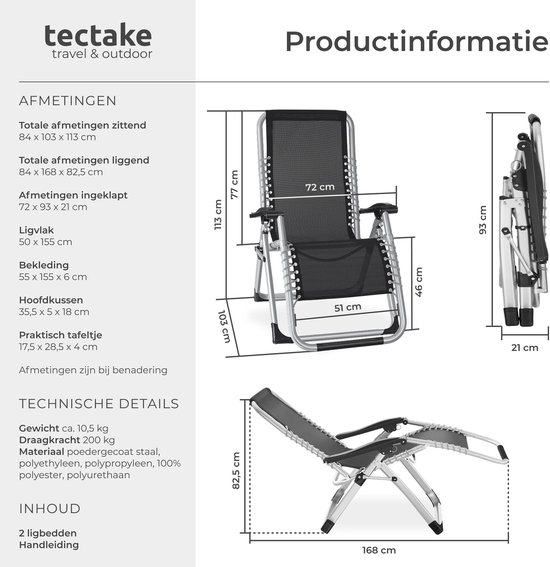 tectake® set van 2 Opvouwbare Ligstoelen Cloud - Tuinstoelen met Bijzettafels - Traploos Verstelbaar - Voor Balkon, Camping of Tuin - Relaxstoelen met extra dik Kussen - Strandstoelen - Ligbed - Div. kleuren - Zwart van Merkloos — afbeelding 4