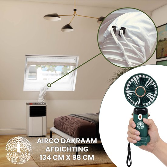 Airco Dakraam Afdichting 134×98 cm + Oplaadbare Handventilator – Mobiele Airco Raamafdichting Velux, Fakro, Roto