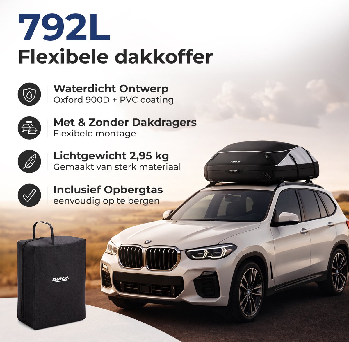 Nince Dakkoffer 792L - Waterdichte Auto Daktas - Opvouwbaar - Met en Zonder Dakdragers - Oxford 900D + PVC - Zwart – foto 2