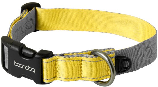 Collier Boondog gris et jaune avec boucle et logo noirs.