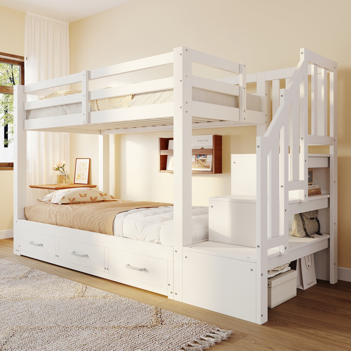STILVORA Stapelbed 90x200 Cm – Uitschuifbaar Onderbed 90x190 Naar 180x190 – Opbergladder Met Lades – Jeugdkamer – Hout – Zonder Matras – Wit