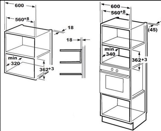 Technische tekening met afmetingen voor een inbouwmagnetron van 600mm breed en 560mm diep, met een nis van minimaal 320mm hoog en 362,3mm diep.