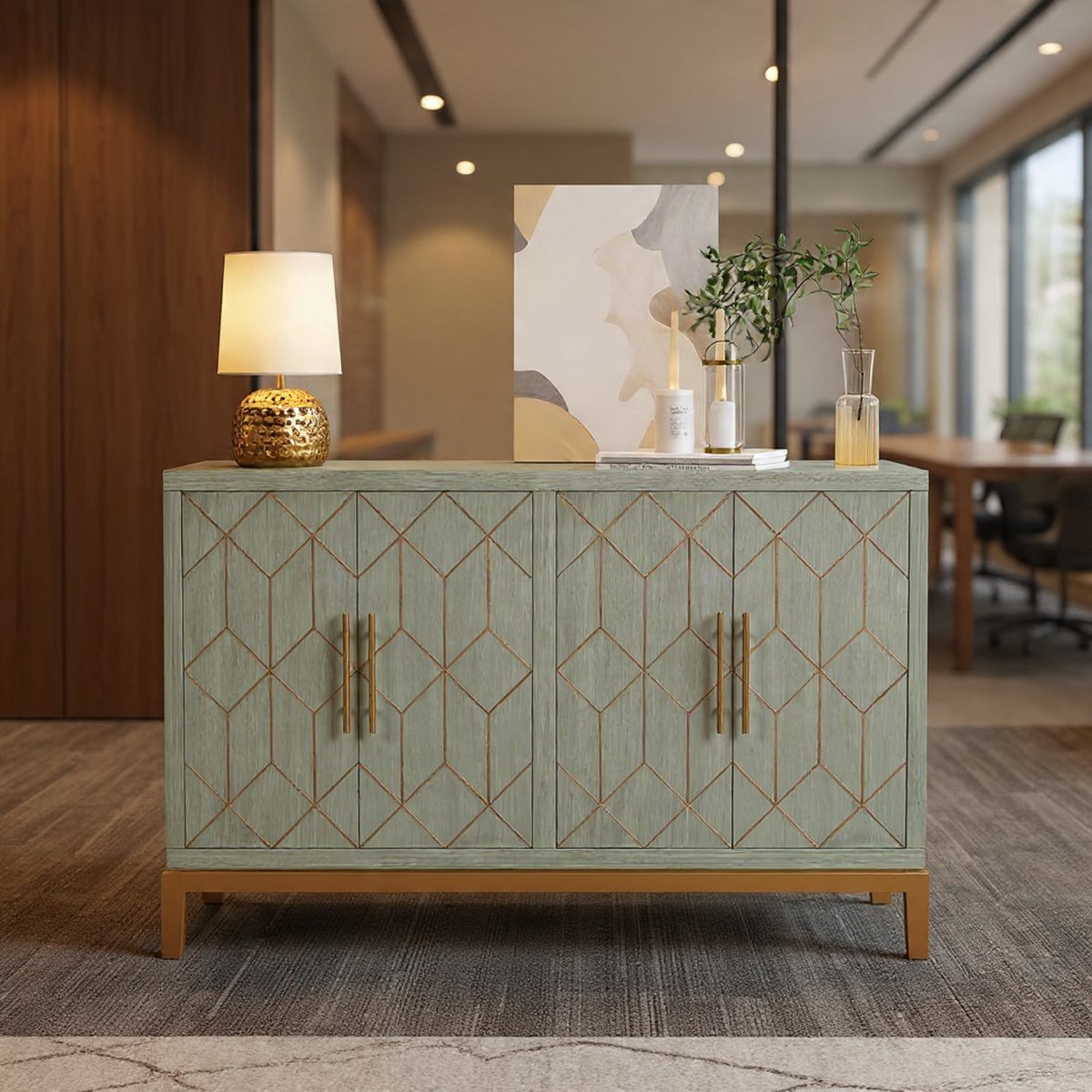 Keukenkast, dressoir, buffetkast, groen, 4-deurs met verstelbare plank, vrijstaande kast voor keuken, badkamer, woonkamer, slaapkamer, eetkamer, gouden lijnen en poten-NoviHome
