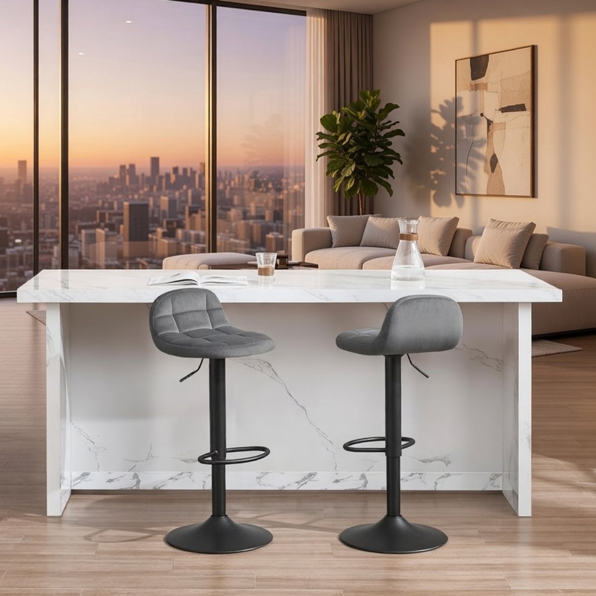 Verstelbare Barkruk Set van 2 met Rugleuning en Voetensteun - 360° Draaibaar - Casa Serena - Fluwelen Barstoelen met Hoogteverstelling (62-83 cm) - Stabiele Metalen Basis - Comfortabele Eetkamersto...