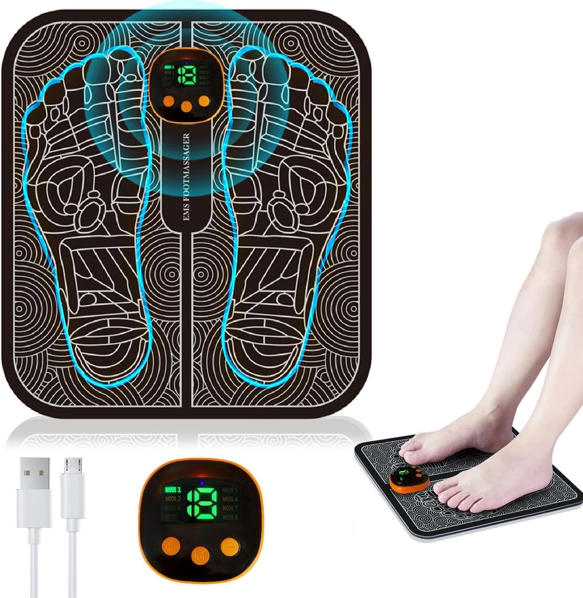 EMS-voetmassageapparaat, elektrisch voetmassageapparaat, opvouwbaar draagbaar elektrisch voetmassageapparaat, 8 standen en 19 intensiteitsniveaus.