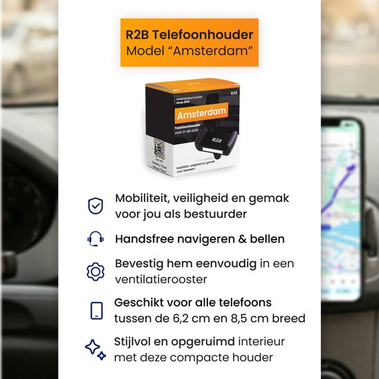 Productinformatie R2B telefoonhouder 'Amsterdam'. Voor ventilatieroosters, geschikt voor alle telefoons.