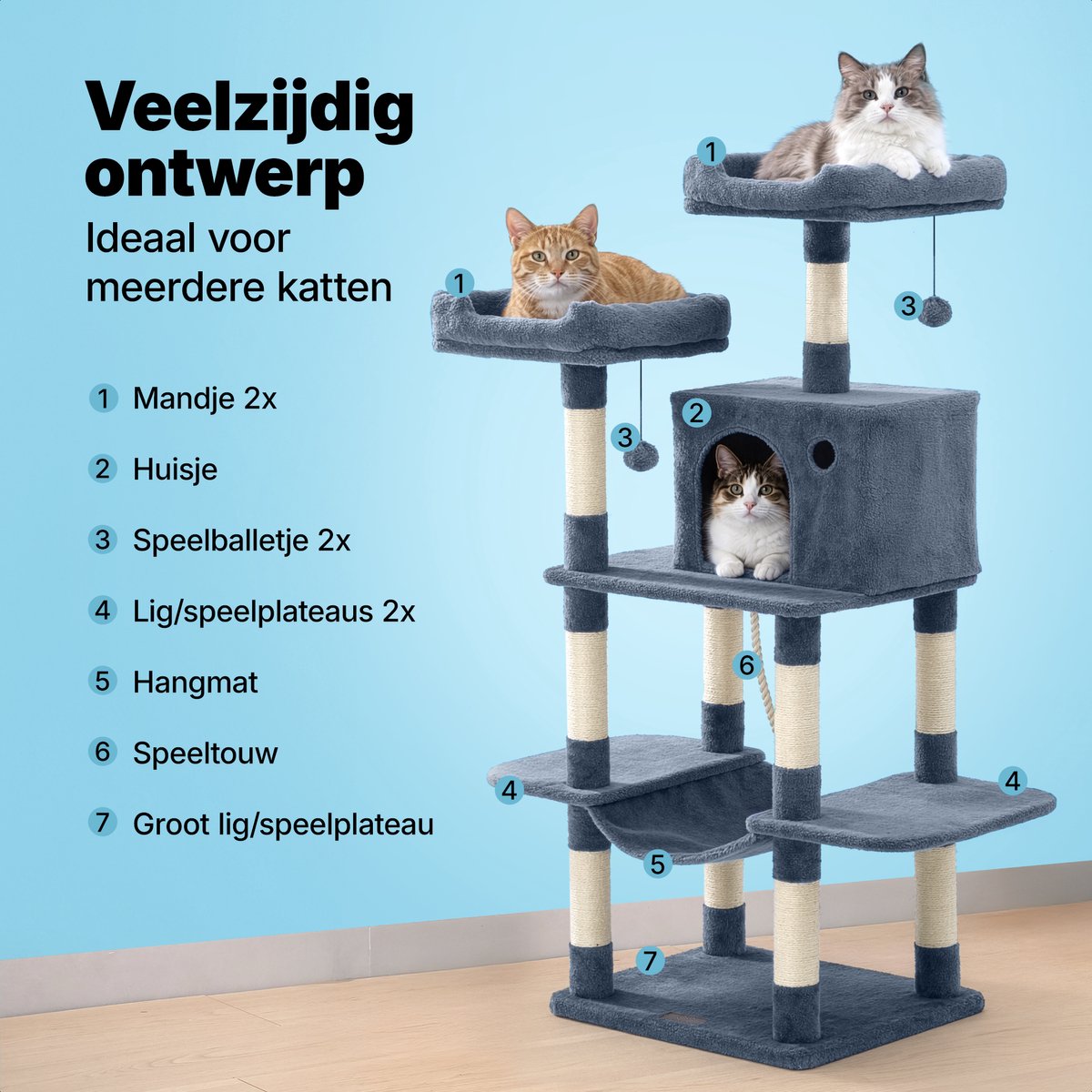 Jake and Jacky Krabpaal voor Katten - Kattenkrabpaal - Krabmeubel - Kattenboom - Krabpalen - Kattenhuis - Donkergrijs - 147 cm Hoog – foto 7