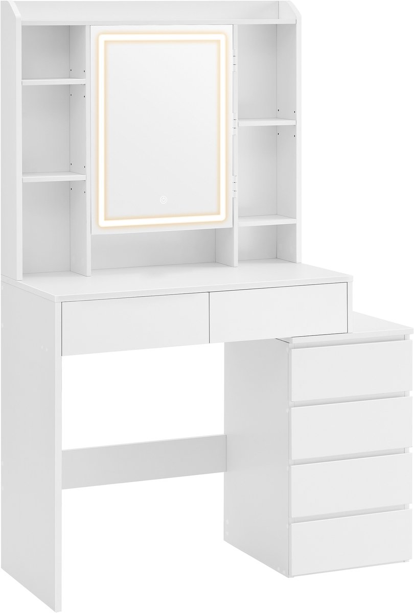 Vasagle Kaptafel - Kaptafel met LED-Verlichting - Verstelbare Helderheid - Spiegel en Lades Wolkenwit