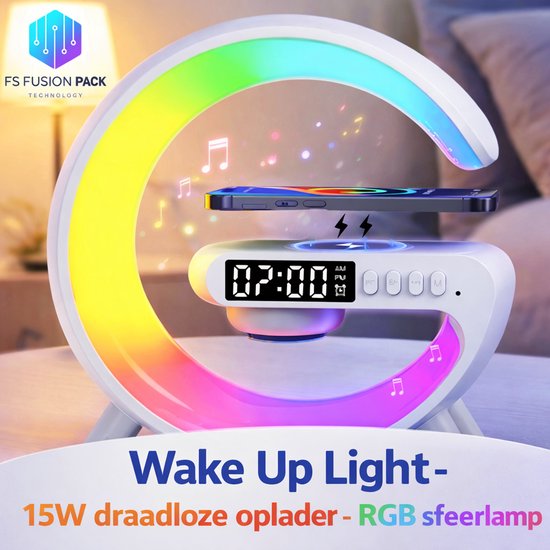 G-vormige sfeerverlichting met regenboogkleuren, draadloze oplader met telefoon, en een wekker met '07:00'.