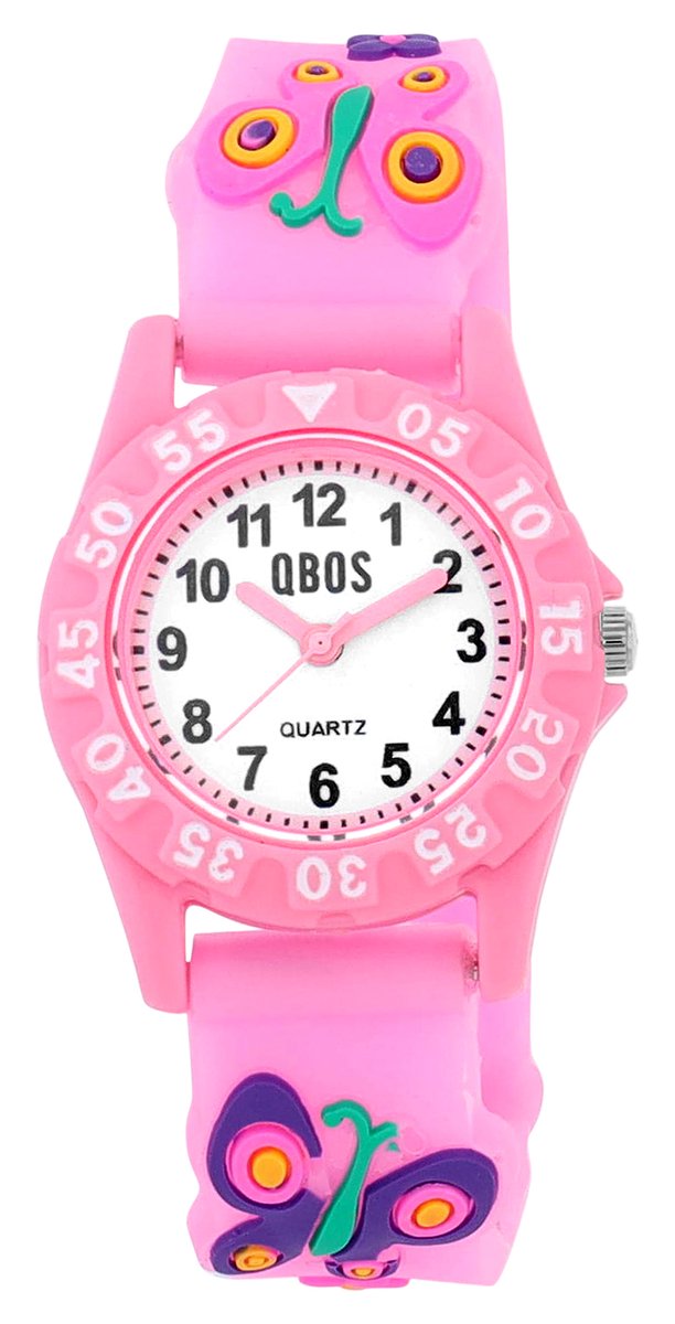 QBOS QBOS kinderhorloge 4500051 Siliconen band, kleurrijk, vlindermotief, D 28 mm