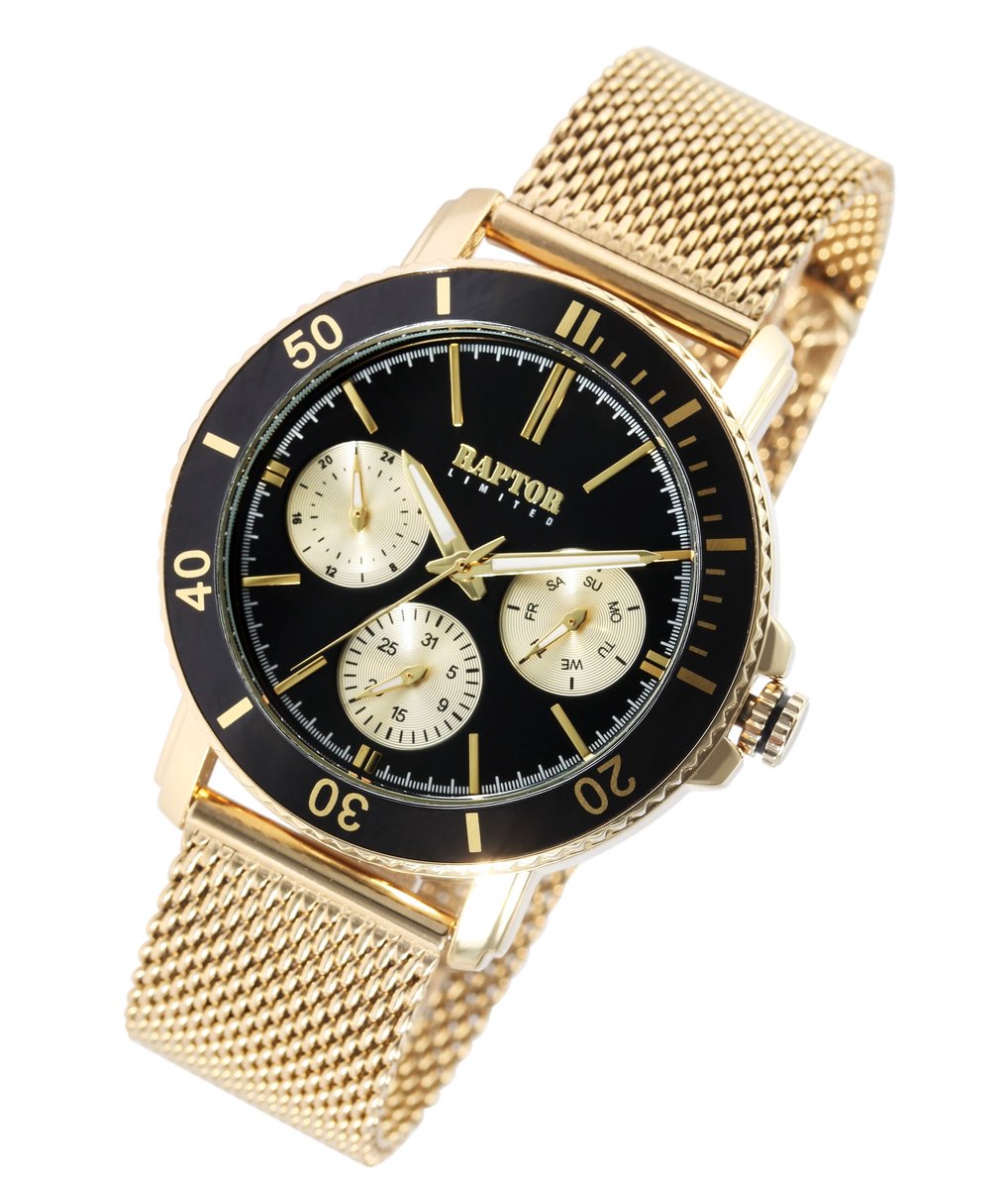 Raptor-Model ra20342-002-Herenhorloge-zwart-goudkleurig-dag en datum aanduiding-3 atm waterdicht-milanese band