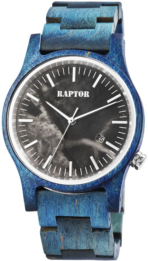 Blauw houten herenhorloge met grijs gespikkelde wijzerplaat, datumvenster en zilverkleurige kroon.