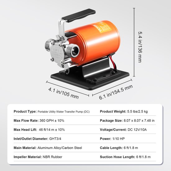 VEVOR 12v 360 Gph 1/10 Hp Draagbare Waterpomp met 1,8 M Slang van Vevor — afbeelding 3