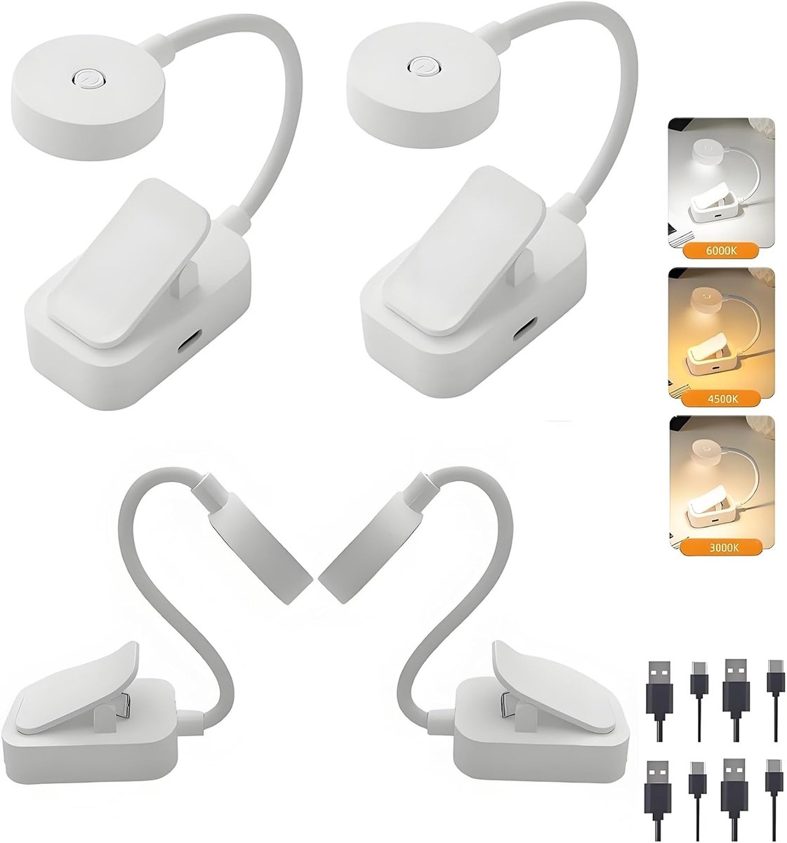 QTTVBTNA -Oplaadbare leeslamp met 3 verlichtingsstanden en oogbescherming - Batterij met lange levensduur, 360° flexibele opklikbare boeklamp - 4 Stuk