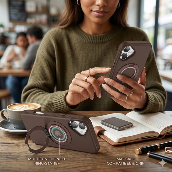 IYUPP Coque compatible avec iPhone 17 Coque - Compatible avec MagSafe - Support Magnétique Rotatif 360° - Coque Arrière Kickstand Ring - Ring Stand - Marron