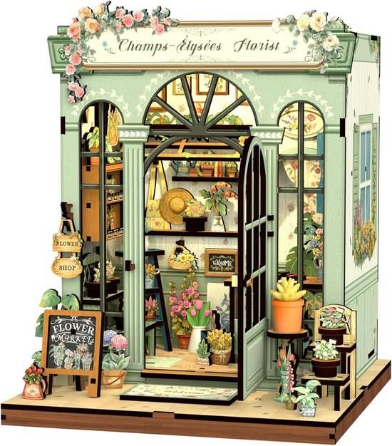 CuteBee CWCG201 Champs Élysées Florist Bloemen Book Nook Bouwpakket | Miniatuur theatrale huisjes pakket modelbouw voor volwassenen | Houten 3D Puzzel | Woonkamer decoratie boekensteun | Led lights verlichting ingebouwd | DIY boekenhouder collectie