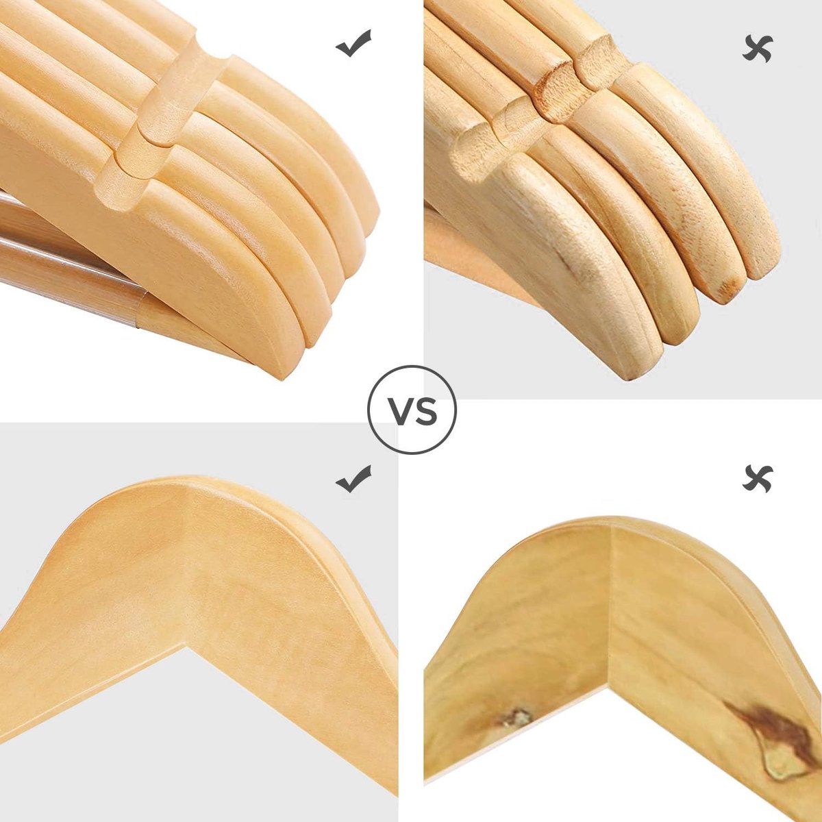 SONGMICS CRW001N01 Massief houten hangers Set van 20 met inkepingen in het schoudergebied, antislip broekstang, 360° roterende haak voor pakken, shirts, houtkleuren en roségoud