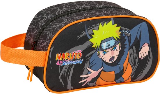 Zwarte toilettas met oranje bies en Naruto die erop springt.