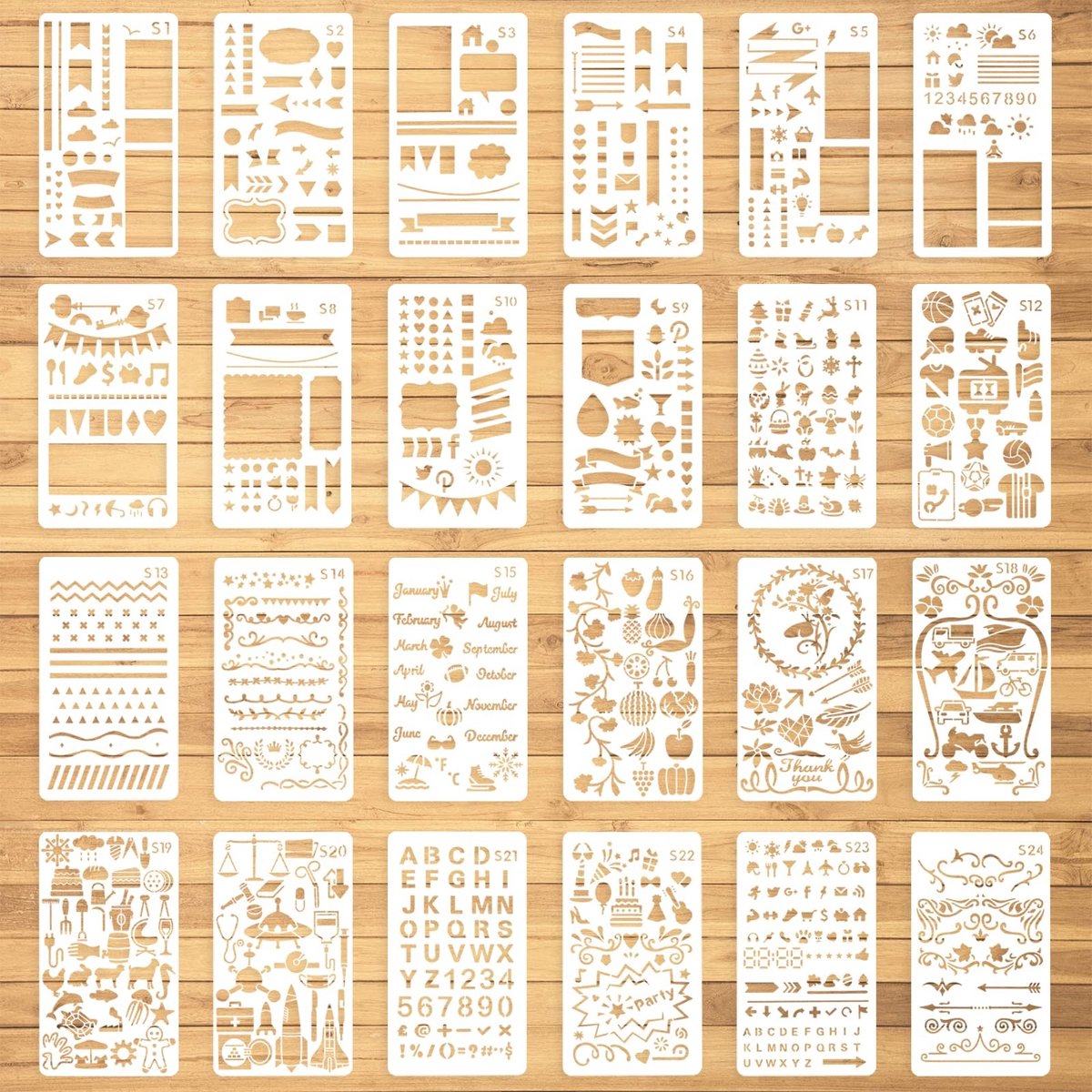 Allecto - Journal Stencils - 24 Stuks - Creatief ontwerpen - 10x17cm - Notitieboek - Scrapbook en agenda - Geschikt voor DIY projecten - Kleur of m...