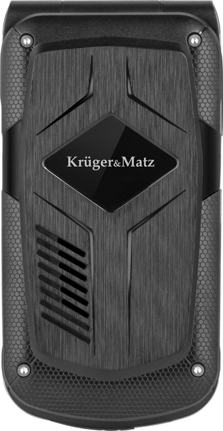 Zwarte klaptelefoon met geborsteld metalen afwerking, diamanten detail en zijkant met honingraatpatroon.
