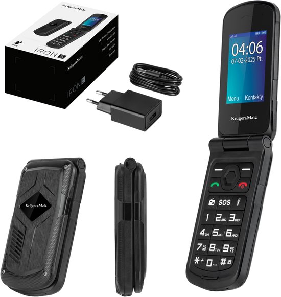 Set van een zwarte klaptelefoon, oplader, kabel, doos en losse telefoononderdelen.