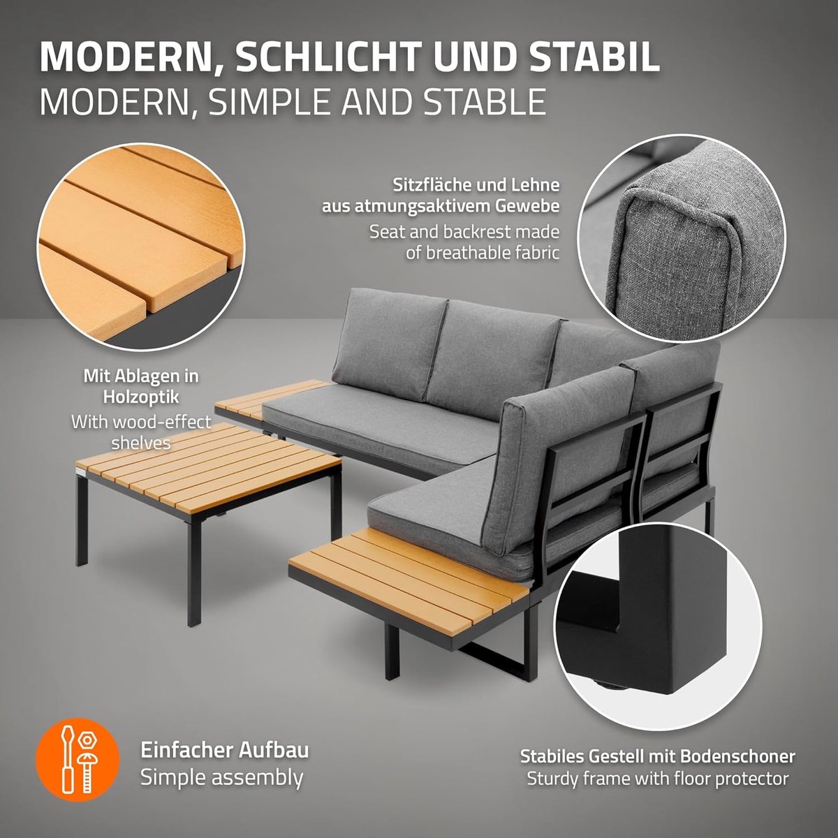 Tuinmeubelset 3-delig Bellavero – Moderne Loungeset voor Tuin, Terras en Balkon met Hoekbank, Salontafel en Weerbestendige Kussens – Grijs-Houtlook Outdoor Zitgroep