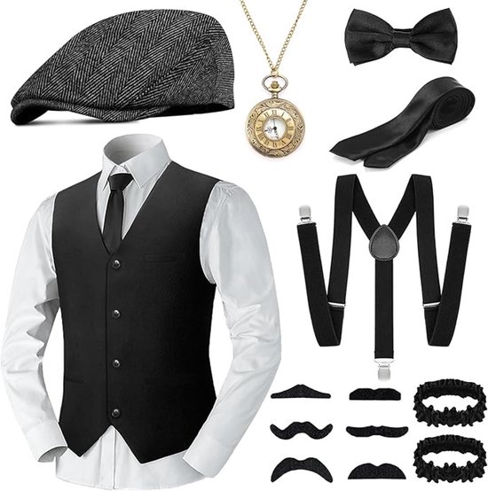 Peaky Blinders Kost - Kostuum de carnaval - Rétro années 1920 Accessoires pour hommes Set Met Panama Hoed Et Taschenuur - 1 Pièce - Universel Pour Carnaval Et Gala - XL