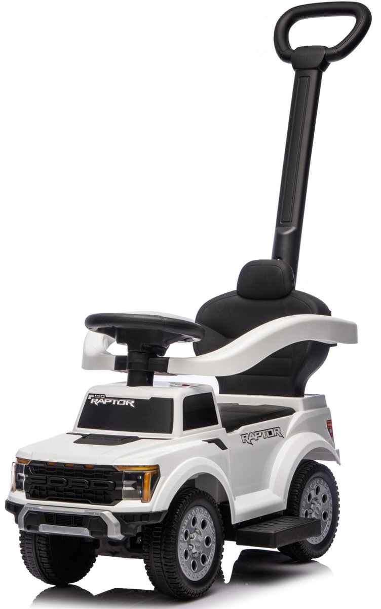 sun baby Loopauto met duwstang voor kinderen vanaf 12 maanden – Ford Raptor – grote terreinwielen, LED-verlichting, zitje met rugleuning en opbergruimte, tot 25 kg, wit