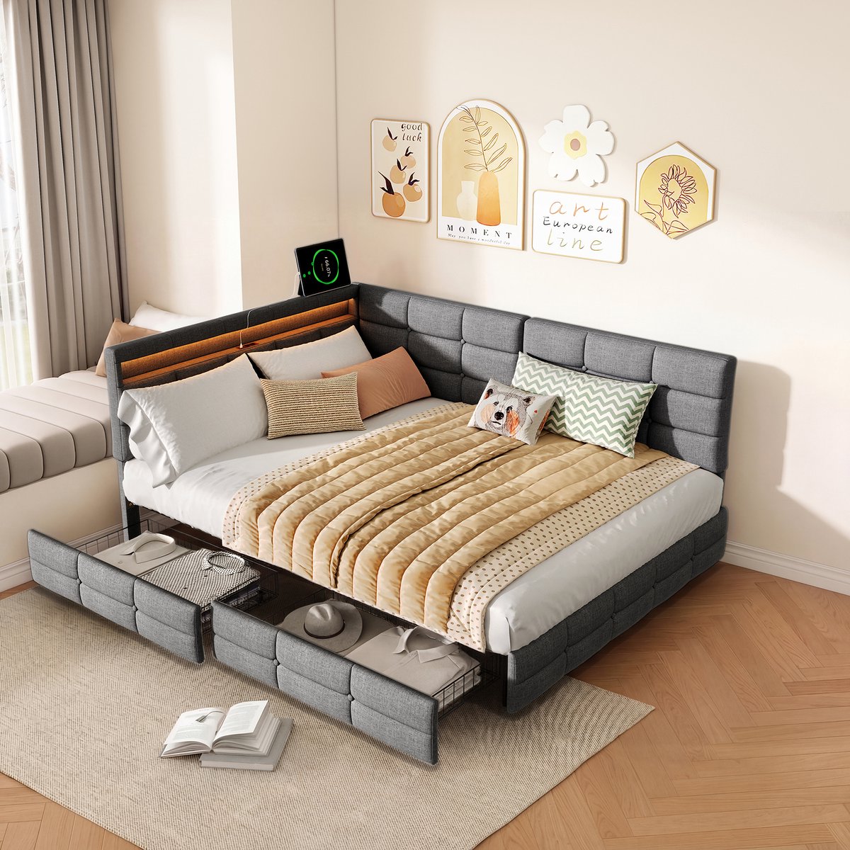 Hoekbed met Opbergruimte 140x190 cm, Grijs Bed met LED, USB/Type-C en Stopcontact, Modern Bed met Lades en Flexibele Opstelling