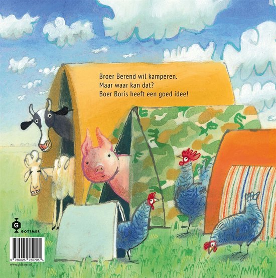 Boer Boris kampeert met dieren. Varken, koe, schapen, kippen en tenten op een grasveld met luchten.