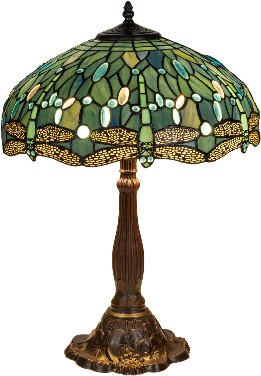 Tiffany tafellamp Libelle - Blauw-groen - Ø 40 cm - Glas in lood - Warm licht - Dragonfly - Klassiek | RORUVERA