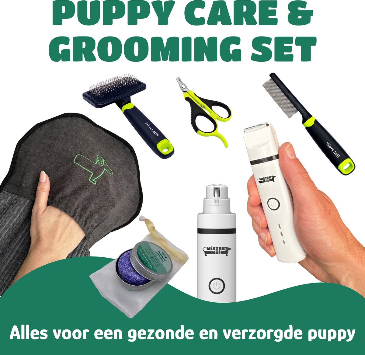 Mister Mill Puppy Care & Grooming Set – Complete Verzorgingsset voor Puppy & Jonge Hond – Slickerborstel, Vlooienkam, Ruikam, Mini Tondeuse, Nagelknipper, Nagelvijl, Shampoo Bar & Handdoek – Hond & Kat