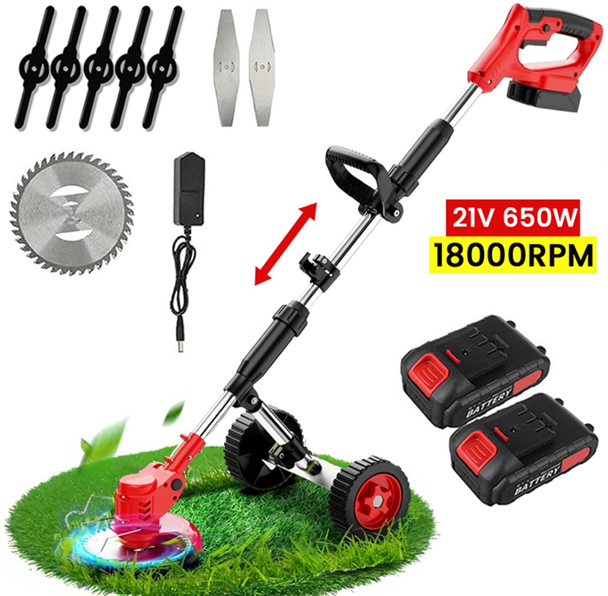 Elektrische Grasmaaier - 650W - 21V - Draadloos - 18000 RPM