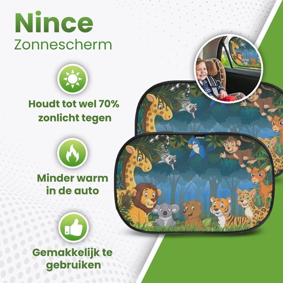 Nince Zonnescherm Auto Zijruit - Set van 2 - 51x31 cm - Extra Donker Zonnescherm Auto Baby - Met UV Protectie voor Kind & Baby - Zelfklevende Zonwering Auto - Jungle– Autoaccessoires — afbeelding 2