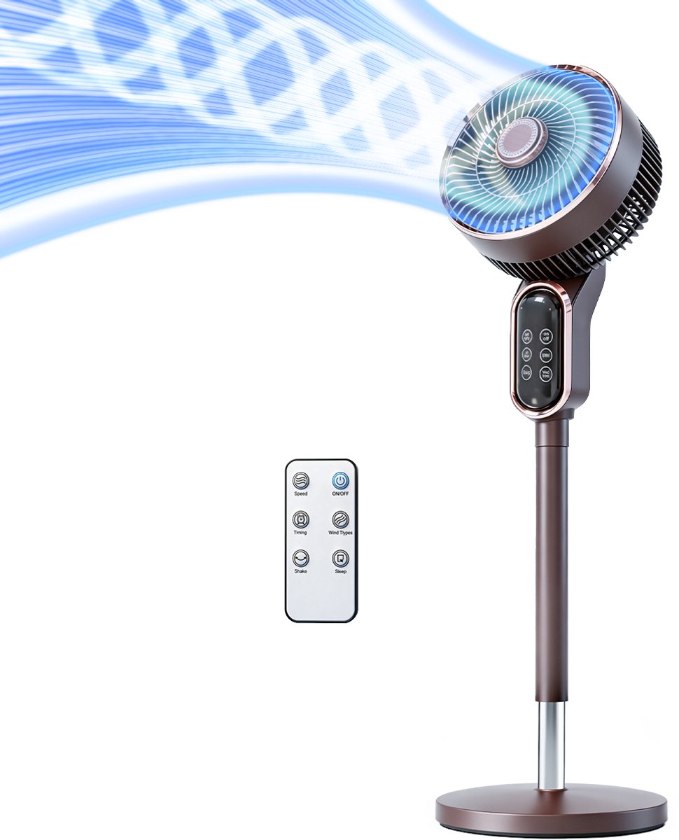 Staande ventilator 50W - Statiefventilator met 6 Snelheden en 3 Modi - Vloerventilator met met Afstandsbediening - Stille Ventilator in Hoogte Verstelbaar 90 tot 110 cm - Timer - Kantelbaar en Oscillerend - 23dB - Donkerbruin