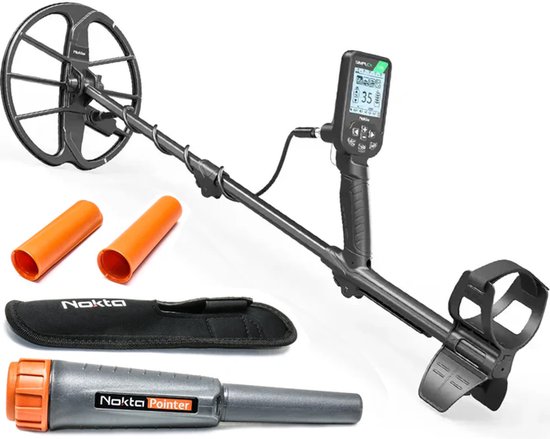 Nokta Simplex Lite metaaldetector met 28 cm zoekspoel, handleiding, 2 oranje hulzen en Nokta Pointer pinpointer.