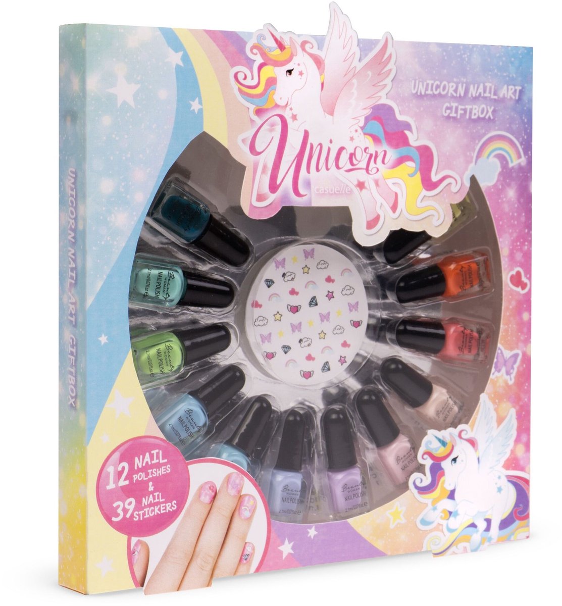 Casuelle `Unicorn` geschenkset met 12 x 2 ml. waterbasis nagellakken en nagelstickers