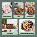 5 afbeeldingen van de Ninja airfryer: kip voorbereiden, koken, serveren, bewaren en opnieuw krokant maken.