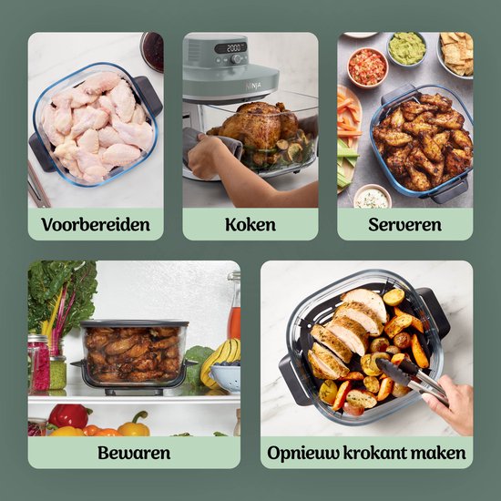 5 afbeeldingen van de Ninja airfryer: kip voorbereiden, koken, serveren, bewaren en opnieuw krokant maken.