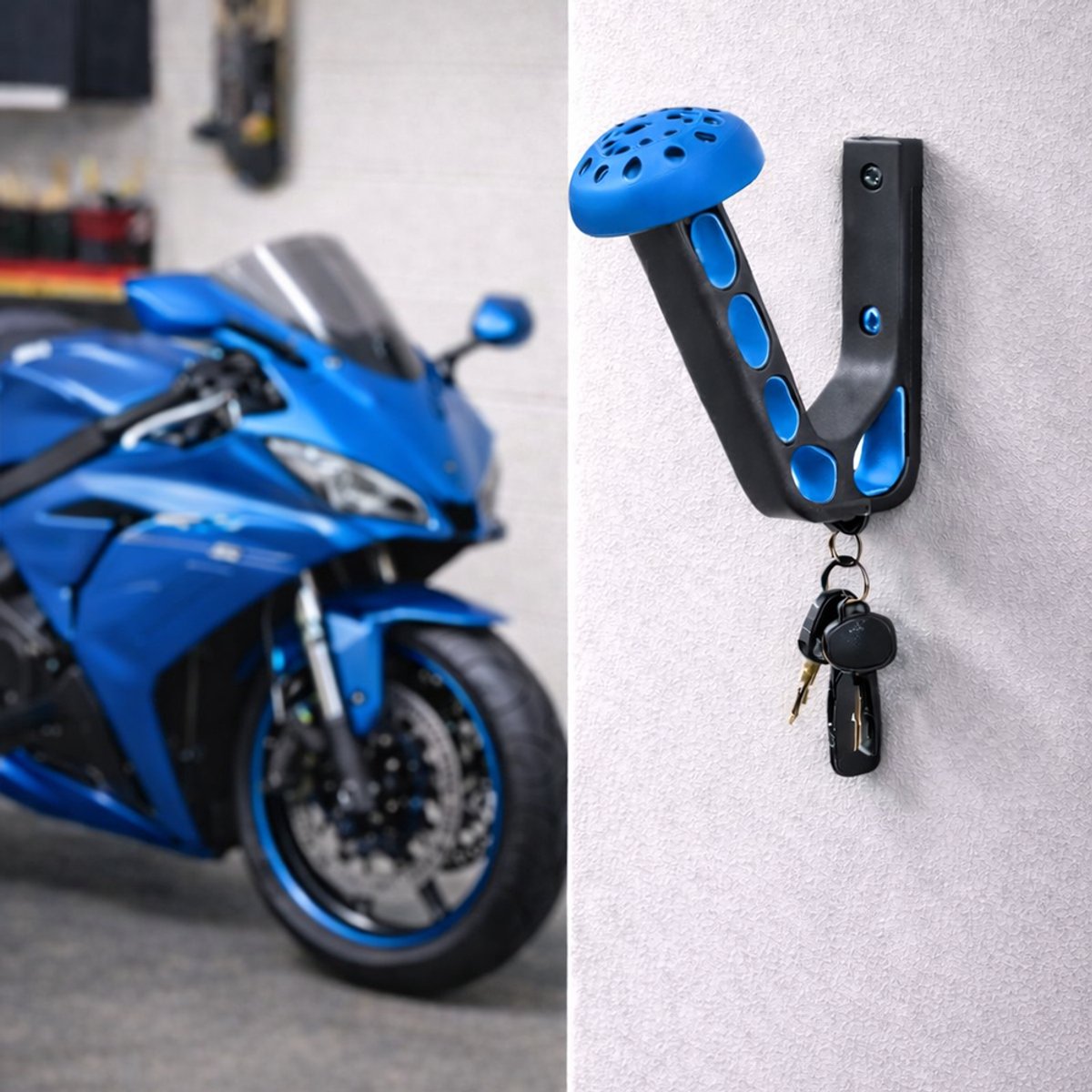 Motor helm houder inclusief haakje voor sleutels – Blauw – helmhouder – helm kapstok - wandmontage