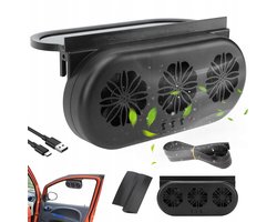 Auto Ventilator - Autoventilatieventilator - Zonne-energie Auto Ventilator met 3 Ventilatoren - Krachtige afzuiging met drie uitgangen | Installatie zonder boren in autoruiten - Zwart - 2.5W - 3 Snelheden & USB Voeding