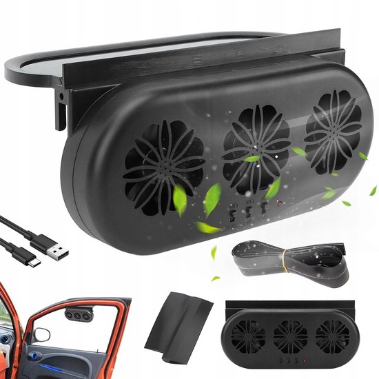 Auto ventilator zonne-energie USB 3 snelheden 3 uitgangen krachtige afzuiging raamclip zonder boren zwart