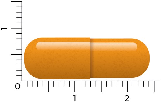 Oranje capsule naast een liniaal, met schaalverdeling van 0 tot 2.