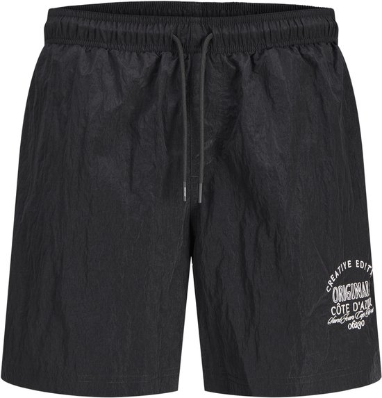 Short de bain noir avec cordon de serrage, ceinture élastique et inscription blanche sur le devant.
