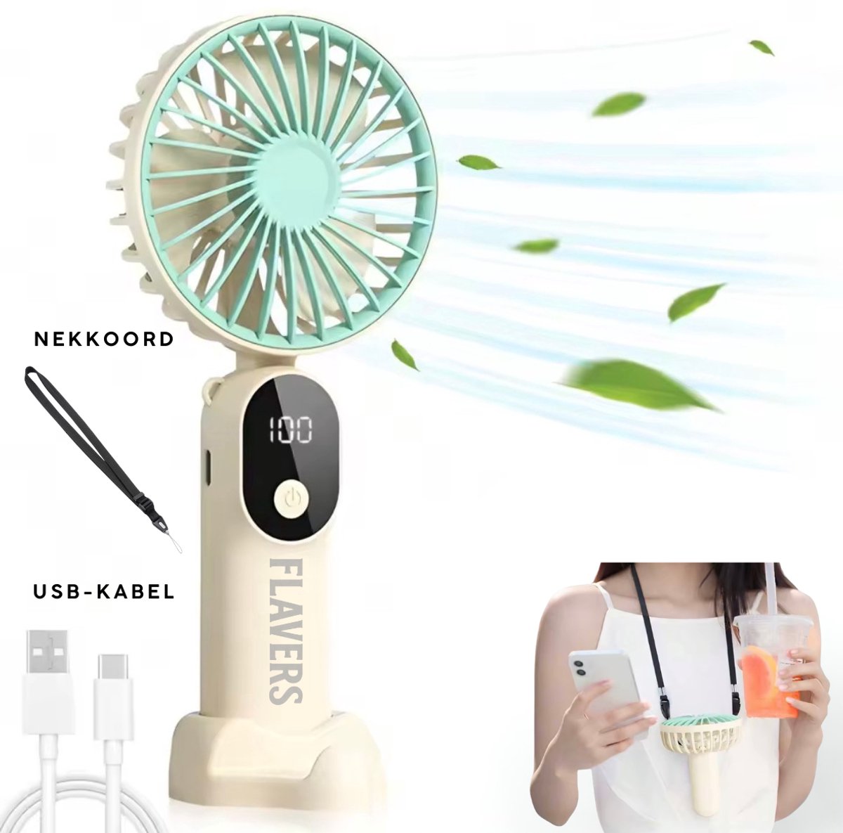 Flavers ® | Handventilator | beige & groen | Mini Ventilator | Hand Ventilator | Mini ventilator Oplaadbaar | Mini Ventilator Usb | USB ventilator | Draagbare ventilator | Digitaal beeld | 6 Standen | Modern — afbeelding 2