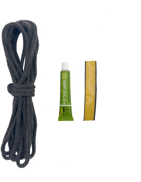 Donkergrijze, ronde kachelkoord van 4 mm breed en 3 meter lang, met een tube lijm en tape.